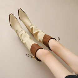 New slim knight French color matching high-top elastic square toe boots