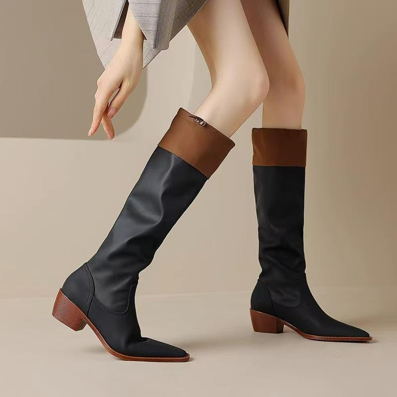 New slim knight French color matching high-top elastic square toe boots