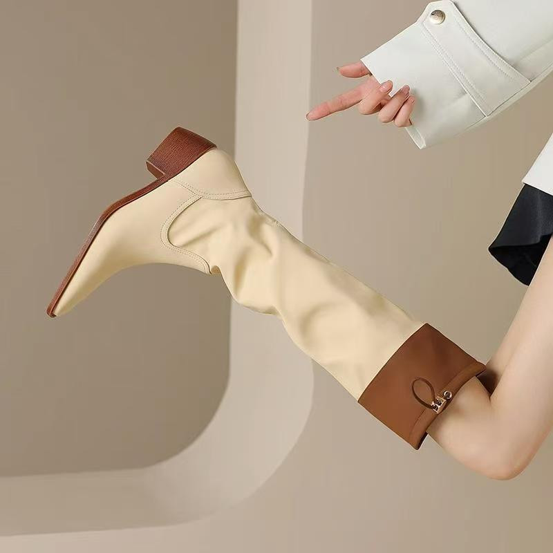 New slim knight French color matching high-top elastic square toe boots