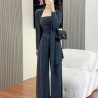 Korean glutinous rice three-piece lazy suit cardigan wide-leg pants suspenders new fashion casual sports suit