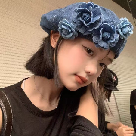 Niche flower denim beret hat for women in spring and autumn