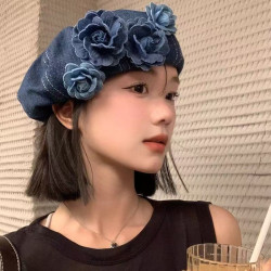Niche flower denim beret hat for women in spring and autumn