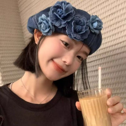 Niche flower denim beret hat for women in spring and autumn