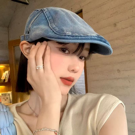 Retro washed denim small beret British style literary newspaper
