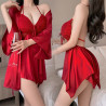 Sexy lace lingerie French bow gathered chest pad tempting home dress with bare back.