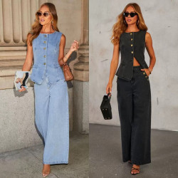 Fashion temperament new button sleeveless vest wide-leg jeans denim suit