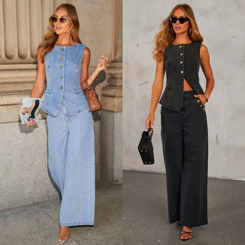 Fashion temperament new button sleeveless vest wide-leg jeans denim suit