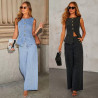 Fashion temperament new button sleeveless vest wide-leg jeans denim suit
