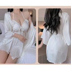 Sexy lace lingerie French bow gathered chest pad tempting home dress with bare back.