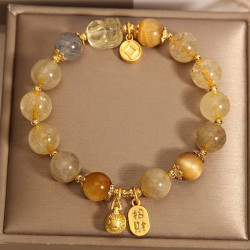 Natural Golden Rutilated Quartz Crystal Moonstone Bracelet