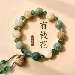 Natural Bodhi root carved lotus Buddha beads bracelet water grass agate