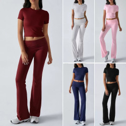 Women's spring and summer casual solid colour slim short-sleeved trousers set