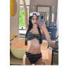 Women's swimwear 2025 new separate neck-hanging small-breast gathering separate black striped holiday bikini for hot spring