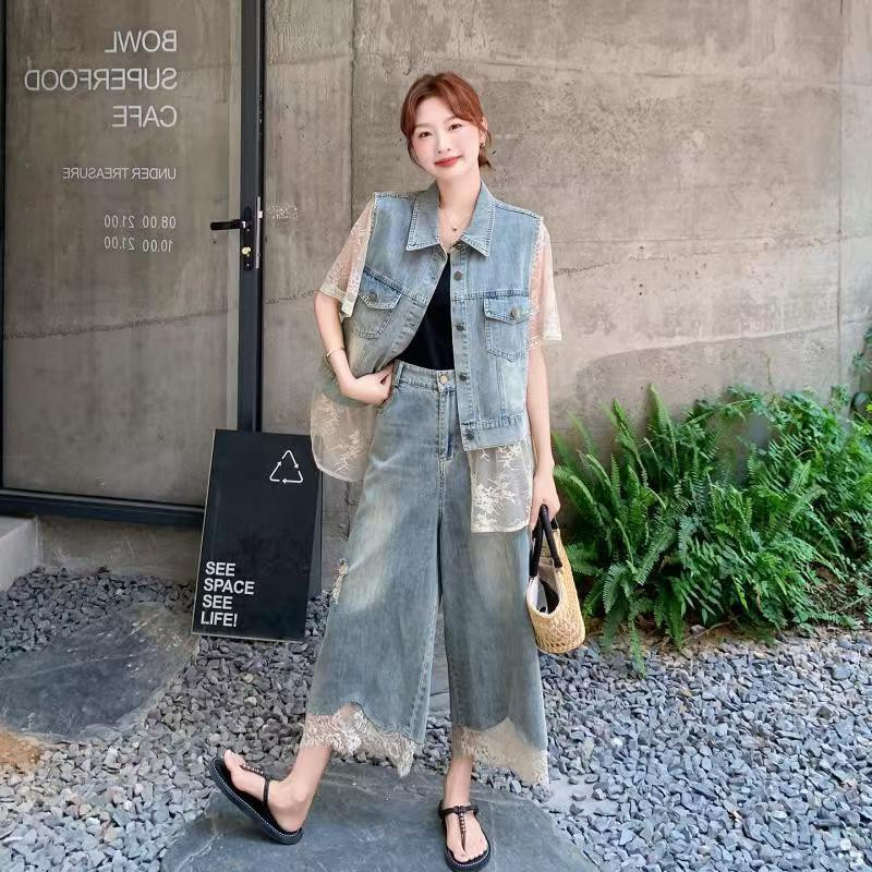 Lace patchwork denim suit is cool and sassy, ​​shirt and wide-leg pants two-piece suit