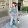 Lace patchwork denim suit is cool and sassy, ​​shirt and wide-leg pants two-piece suit