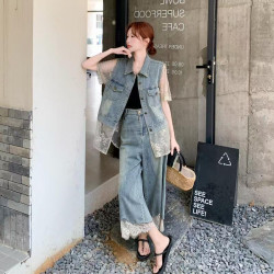 Lace patchwork denim suit is cool and sassy, ​​shirt and wide-leg pants two-piece suit