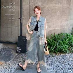 Lace patchwork denim suit is cool and sassy, ​​shirt and wide-leg pants two-piece suit