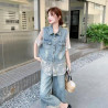 Lace patchwork denim suit is cool and sassy, ​​shirt and wide-leg pants two-piece suit