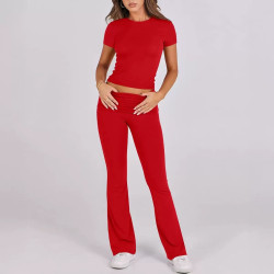 Women's spring and summer casual solid colour slim short-sleeved trousers set