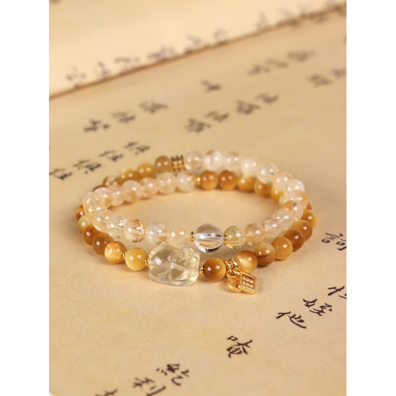 Yellow tiger eye yellow Asai double circle beaded bracelet female niche high-end yellow crystal Pixiu bracelet