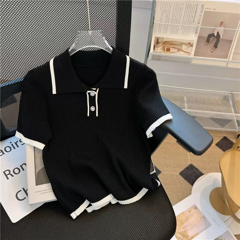 Ice silk knitted short-sleeved shirt women's summer 2025 new fashion foreign style age-reducing shirt small fragrance style top