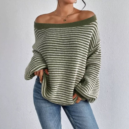 A-neck off-shoulder knitwear autumn and winter contrast colour striped lantern sleeve sweater women