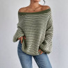 A-neck off-shoulder knitwear autumn and winter contrast colour striped lantern sleeve sweater women