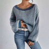 A-neck off-shoulder knitwear autumn and winter contrast colour striped lantern sleeve sweater women