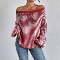 A-neck off-shoulder knitwear autumn and winter contrast colour striped lantern sleeve sweater women