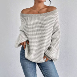 A-neck off-shoulder knitwear autumn and winter contrast colour striped lantern sleeve sweater women
