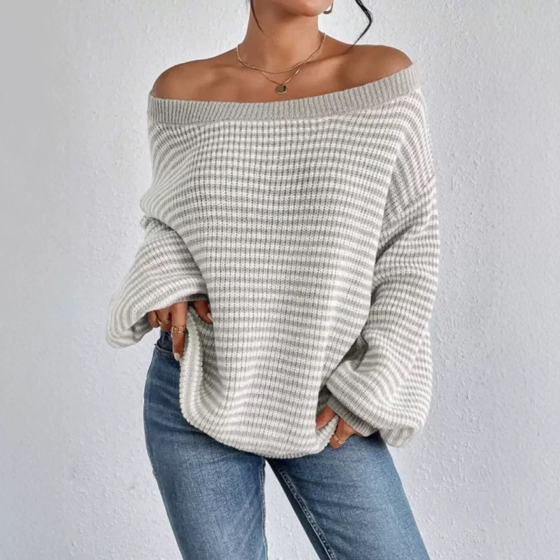 A-neck off-shoulder knitwear autumn and winter contrast colour striped lantern sleeve sweater women