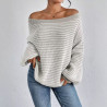 A-neck off-shoulder knitwear autumn and winter contrast colour striped lantern sleeve sweater women