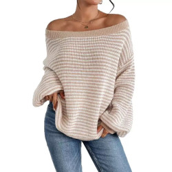 A-neck off-shoulder knitwear autumn and winter contrast colour striped lantern sleeve sweater women