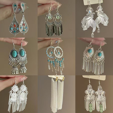 New Chinese ethnic style flower beaded tassel earrings niche retro earrings