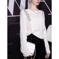 Round-neck sweater long-sleeved hot diamond thin hollow age-reducing bottom knitwear