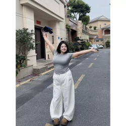 Large-size white wide-leg loose jeans pure cotton slim high-waisted straight trousers