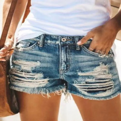 Summer wear high-waisted broken denim shorts women's high-waisted slimming tassel design jeans hot pants