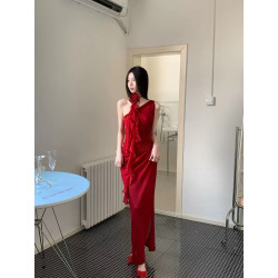 Red dress women's design sense niche print oblique shoulder slim slimming hot girl temperament dress skirt split