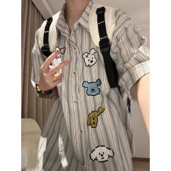 Cute puppy embroidered striped short-sleeved shirt women's summer American retro fashion brand loose small casual top