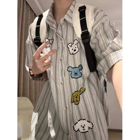 Cute puppy embroidered striped short-sleeved shirt women's summer American retro fashion brand loose small casual top
