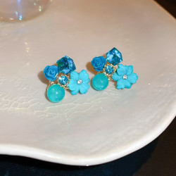 Silver Needle Blue Butterfly Oil Drop Diamond Earrings