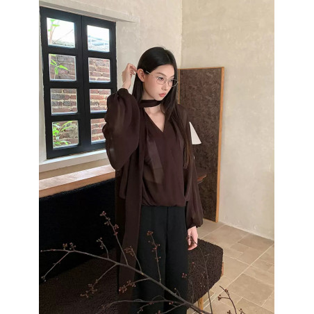 Chiffon shirt women's design sense niche v-neck streamer long-sleeved loose slimming sunscreen sweater French age-reducing top