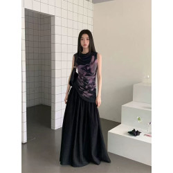 Dress set women's design mesh printed sleeveless pleated vest top + long skirt two-piece set