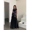 Dress set women's design mesh printed sleeveless pleated vest top + long skirt two-piece set