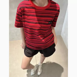Vintage casual red and black striped short-sleeved T-shirt, 25-year-old new pocket letter patch with women's top