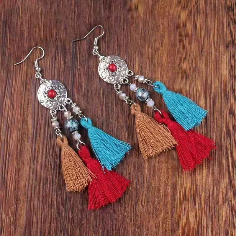 Bohemian tribal ethnic style long tassel earrings